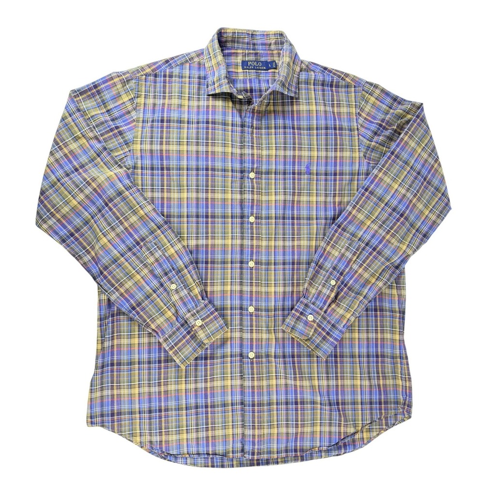Polo Ralph Lauren Mens Large Plaid Button Down Shirt 100% Cotton Purple Pony L